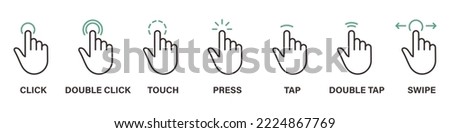 Hand Finger Touch, Swipe, Click, Press and Tap Line Icon Set. Double Click and Tap Sign. Gesture Slide Left and Right Outline Icon. Editable Stroke. Isolated Vector Illustration.