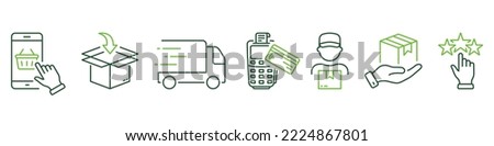 Delivery Process Line Icon. Shipping Product Guide Linear Pictogram. Delivery Flow Mobile Phone Order Package Truck Courier Payment Rating Outline Icon. Editable Stroke. Isolated Vector Illustration.