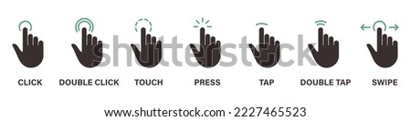Hand Finger Touch, Swipe, Click, Press and Tap Silhouette Icon Set. Gesture Slide Left and Right Black Icon. Double Click and Tap Sign. Isolated Vector Illustration.