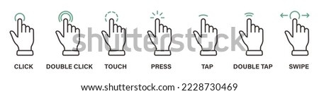 Hand Finger Touch, Swipe, Click, Press and Tap Line Icon Set. Gesture Slide Left and Right Outline Icon. Double Click and Tap Sign. Editable Stroke. Isolated Vector Illustration. 