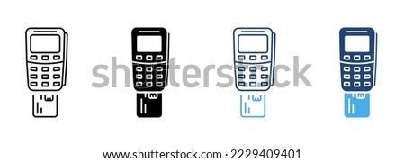 Payment Terminal with Inserted Credit Card Line and Silhouette Icon Set. Bank Service Financial Transaction Pictogram. Inserting Card in POS Symbol on White Background. Isolated Vector Illustration.