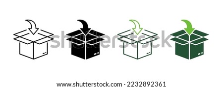 Put in Carton Parcel Box Delivery Service Silhouette and Line Icon. Packing Cardboard Pointing Arrow Inside Pictogram. Distribution Container Icon. Editable Stroke. Isolated Vector Illustration.
