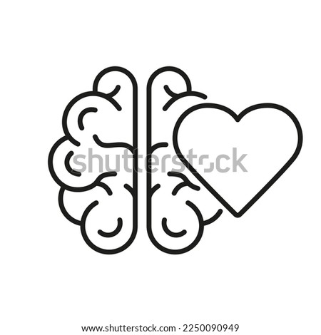 Human Brain and Heart Line Icon. Mental Emotional Health Linear Pictogram. Healthy Rational Balance Between Heart Love and Brain Outline Icon. Editable Stroke. Isolated Vector Illustration.