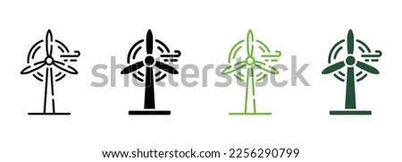 Wind Mill Farm Electric Power Line and Silhouette Icon Color Set. Eco Renewable Energy. Ecology Technology of Generation Energy Symbol Collection on White Background. Isolated Vector Illustration.