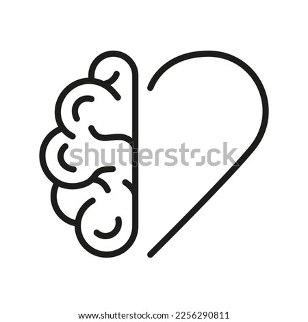 Mental Emotional Health Linear Pictogram. Healthy Rational Balance Heart Between Heart Love and Brain Outline Icon. Human Brain and Heart Line Icon. Editable Stroke. Isolated Vector Illustration.