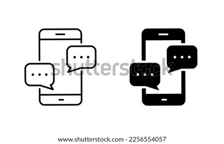 Text Message on Mobile Phone Silhouette and Line Icon Set. Smart Phone Mail Online Chat Speech Bubble Pictogram. Smartphone Screen SMS Notification Sign. Editable Stroke. Isolated Vector Illustration.