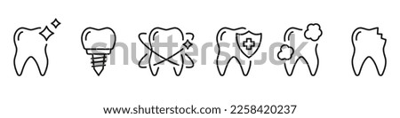 Tooth Care Line Icon Set. Dental Implant, Orthodontic Protection Linear Pictogram. Whitening Procedure. Dentistry Outline Symbol. Dental Treatment Sign. Editable Stroke. Isolated Vector Illustration.