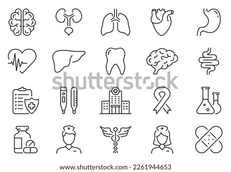 Human Internal Organs Line Icon Set. Medicals Linear Pictogram. Emergency Healthcare Outline Icon. Pharmacy Medical Clinic. First Aid. Editable Stroke. Isolated Vector Illustration.