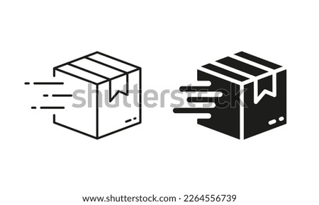 Parcel Box Fast Delivery Service Silhouette and Line Icon Set. Speed Deliver Cube Package Pictogram. Post Company Quick Express Delivery Package Sign. Editable Stroke. Isolated Vector Illustration.