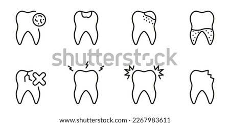 Dental Medical Problems Line Icon Set. Cracked and Broken Tooth, Caries, Toothache Linear Pictogram. Dentistry Outline Symbol. Dental Treatment Sign. Editable Stroke. Isolated Vector Illustration.