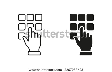 Enter Pin Code on Keypad Line and Silhouette Icon Set. Hand Entering Password on Phone Keyboard Pictogram. ATM Access Combination Flat Symbols on White Background. Isolated Vector Illustration.