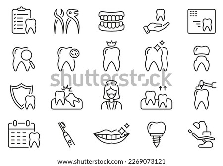 Tooth Medical Care Line Icon Set. Human Denture, Veneer, Teeth Crown Linear Pictogram. Dental Diagnostic. Dentistry Outline Symbol. Dental Treatment. Editable Stroke. Isolated Vector Illustration.