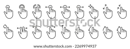 Hand Finger Touch, Swipe and Drag Outline Icon Set. Pinch Screen, Rotate Up Down on Screen Line Sign. Gesture Slide Left and Right Linear Pictogram. Editable Stroke. Isolated Vector Illustration.