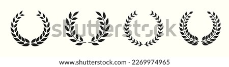 Laurel Wreath Silhouette Icon Set. Circle Leaf Award for Winner Glyph Pictogram. Victory and Prize Sign. Triumph Emblem. Vintage Olive Leaves Symbol. Champion's Trophy. Isolated Vector Illustration.