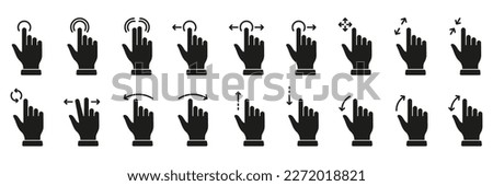 Pointer Gesture Slide Left and Right Black Solid Pictogram. Hand Finger Touch, Swipe and Drag Silhouette Icon Set. Pinch Screen, Rotate Up Down on Screen Glyph Icons. Isolated Vector Illustration.