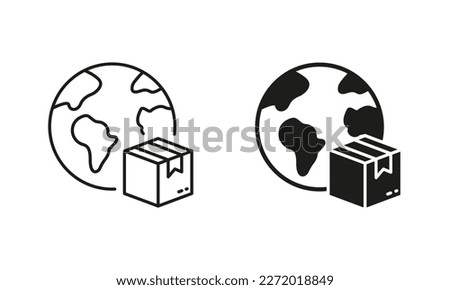 World Wide Delivery Parcel Box and Globe Silhouette and Line Icon Set. International Shipping Industry Pictogram. Global Worldwide Import Export Retail. Editable Stroke. Isolated Vector Illustration.