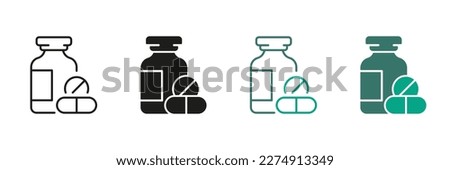 Antibiotic, Painkiller, Vitamin, Pharmaceutical Medicament Sign. Pharmacy Symbol Collection. Medication Line and Silhouette Color Icon Set. Pill and Bottle Pictogram. Isolated Vector Illustration.