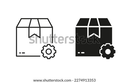 Parcel Box with Gear Silhouette and Line Icon Set. Shipping Order Carton Pack Pictogram. Delivery Service Setting, Cogwheel and Cardboard Packaging. Editable Stroke. Isolated Vector Illustration.