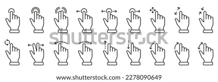 Gesture Slide Left and Right Line Icon Set. Hand Finger Touch, Swipe and Drag Linear Pictogram. Pinch Screen, Rotate Up Down on Screen Outline Sign. Editable Stroke. Isolated Vector Illustration.