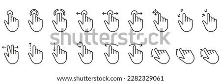 Hand Finger Touch, Swipe and Drag Outline Icon Set. Pinch Screen, Rotate Up Down on Screen Line Sign. Gesture Slide Left and Right Linear Pictogram. Editable Stroke. Isolated Vector Illustration.