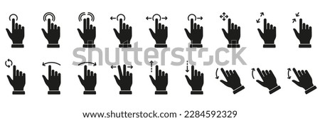 Hand Finger Touch, Swipe and Drag Silhouette Icon Set. Gesture Slide Left and Right Black Solid Pictogram. Pinch Screen, Rotate Up Down on Screen Glyph Icons. Isolated Vector Illustration.
