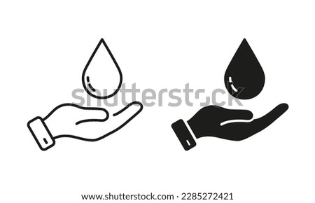 Hand Hold Water Drop Line and Silhouette Icon Set. Aqua Resource, Environment Protection. Hygiene Health Care, Clean Water Symbol Collection on White Background. Isolated Vector Illustration.