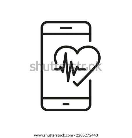 Mobile App for Sport Pictogram. Heartbeat Rate in Digital Smart Phone Outline Icon. Smartphone for Heart Pulse Control Line Icon. Health Technology. Editable Stroke. Isolated Vector Illustration.