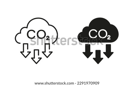 Reduction Greenhouse CO2 with Cloud Emission Line and Silhouette Icon Set. Carbon Dioxide Pollution in Air. Atmosphere Contamination Symbol Collection. Isolated Vector Illustration.