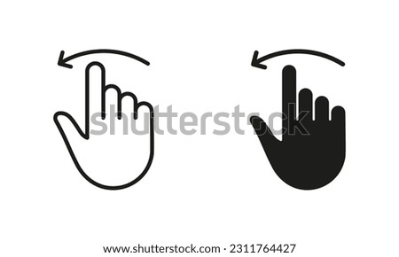 Gesture Slide, Swipe Left Symbol Collection on White Background. Hand Finger Drag Left Line and Silhouette Black Icon Set. Pinch Screen, Rotate Touch Screen Pictogram. Isolated Vector Illustration.