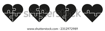 Puzzle Combination in Heart Shape Silhouette Icon. Jigsaw Pieces Match Together Glyph Pictogram. Greeting Card for Valentine's Day, Puzzle and Love Solid Sign. Isolated Vector Illustration.