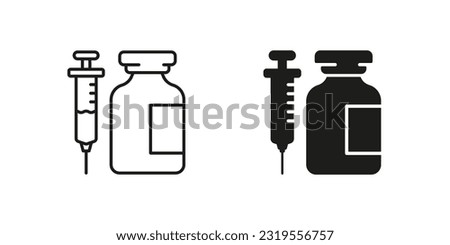 Medical Glass Bottle and Syringe Line and Silhouette Black Icon Set. Insulin Dose in Vial Pictogram. Injection, Inject Treatment, Flu Vaccination Symbol Collection. Isolated Vector Illustration.