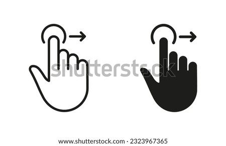 Drag Right, Hand Finger Gesture Swipe Line and Silhouette Icon Set. Pinch Screen, Rotate on Screen Pictogram. Gesture Slide Right Symbol Collection on White Background. Isolated Vector Illustration.