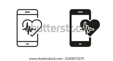 Mobile App for Sport Pictogram. Smartphone for Heart Pulse Control Line and Silhouette Black Icon Set. Heartbeat Rate in Digital Smart Phone Symbol Collection. Isolated Vector Illustration.