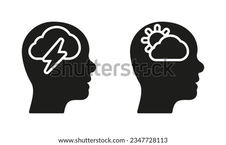 Human Head with Sad and Good Mood Pictogram Set. Pessimism and Optimism Solid Sign. Positive and Negative Thinking Silhouette Icon. Healthy Mind Symbol. Mental Health. Isolated Vector Illustration.