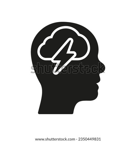 Negative Thinking Silhouette Icon. Pessimism, Frustration, Furious Expression Symbol. Mental Disorder, Thunder in Human Head Glyph Pictogram. Pessimistic Person Sign. Isolated Vector Illustration.
