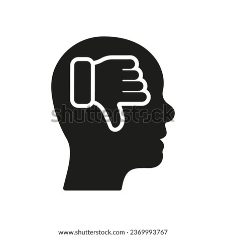 Negative Thinking Silhouette Icon. Thumb Down in Human Head Pessimism and Frustration Symbol. Mental Disorder, Bad Mood Glyph Pictogram. Pessimistic Person Solid Sign. Isolated Vector Illustration.
