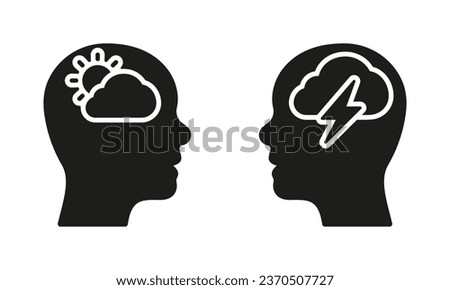 Human Head with Sad and Good Mood Pictogram. Pessimism and Optimism Solid Sign. Positive and Negative Thinking Silhouette Icon Set. Healthy Mind Symbol. Mental Health. Isolated Vector Illustration.
