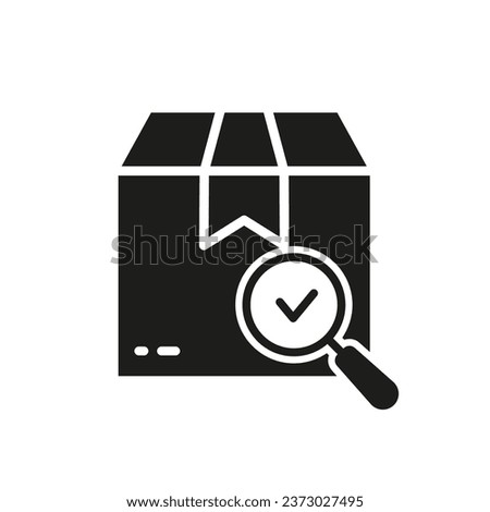 Delivery Service Silhouette Icon. Check Parcel. Carton Box with Magnifier and Checkmark Glyph Pictogram. Approved Product Solid Sign. Quality Goods in Container Symbol. Isolated Vector Illustration.