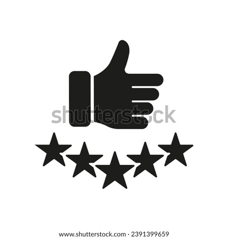 Customer Satisfaction Silhouette Icon. Positive Feedback. Thumb Up With Five Stars Glyph Pictogram. Best Service Solid Sign. Good Quality Symbol, Review Button. Isolated Vector Illustration.