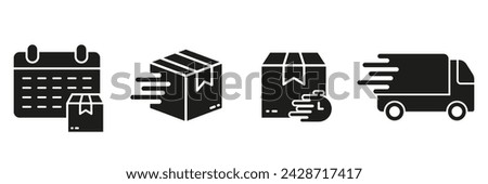 Fast Shipping Silhouette Icon Set. Express Delivery Service Symbol Collection. International Distribution Glyph Pictogram. Export And Import Solid Sign. Isolated Vector Illustration.