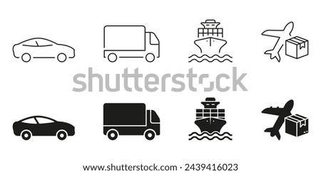 Delivery Service Transport Line and Silhouette Icon Set. Car, Truck, Ship, Plane Symbol Collection. Cargo Shipment Pictogram. Shipping Vehicle Sign. Transportation Types. Isolated Vector Illustration.