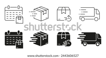 Express Delivery Service Line and Silhouette Icon Set. Fast Shipping Symbol Collection. Export And Import Pictogram. International Distribution Sign. Isolated Vector Illustration.