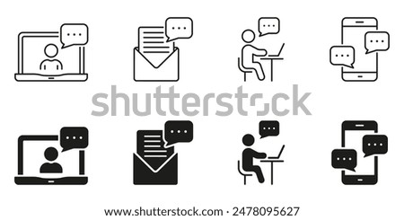 Online Seminar Line and Silhouette Icon Set. Team Connection Symbol Collection. People Communication At Work Conference Sign. Teamwork Black Pictogram. Isolated Vector Illustration.