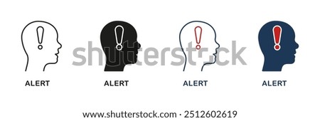 Human Head with Exclamation Mark, Alert Line and Silhouette Icon Set. Warning Sign in Mind Pictogram. Danger Hazard Message, Person Attention Symbol. Editable Stroke. Isolated Vector Illustration.