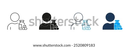 Pharmacy Pills Line and Silhouette Icon Set. Person with Drug Medication Symbol. Medicine Treatment Pictogram. Patient Antibiotic Prescription. Editable Stroke. Isolated Vector Illustration.