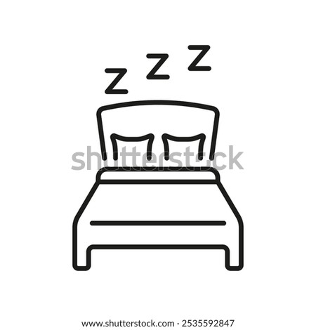 Double Bed With ZZZ Line Icon. Cozy Bed With Pillows And Blanket Outline Symbol. Restful Sleeping Place. Editable Stroke. Isolated Vector Illustration.