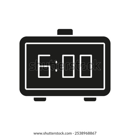 Digital Alarm Clock Showing 6:00 Silhouette Icon. Morning Wake Up Time Display Glyph Symbol. Isolated Vector Illustration.