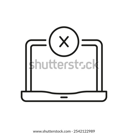 Laptop with Cross Sign Line Icon. Error or Cancel Action on Portable Device Outline Symbol. Shutdown or Disconnected Device. Editable Stroke. Isolated Vector Illustration.