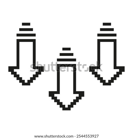 Downward Arrows Pixelated Icon. Pixel Art Symbol of Decrease or Download. Three Arrows Pointing Down. Downward Movement for Reduction or Navigation. Isolated Vector Illustration.