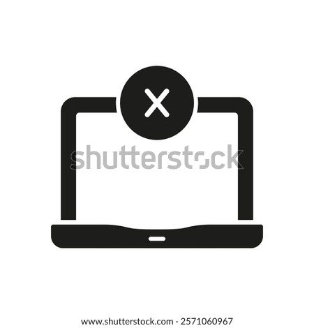 Laptop with Cross Sign Silhouette Icon. Error or Cancel Action on Portable Device Glyph Symbol. Shutdown or Disconnected Device. Isolated Vector Illustration.